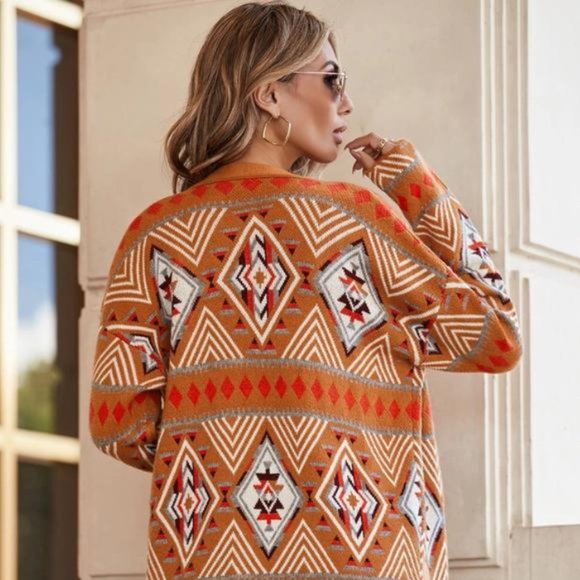 Brown Aztec Geometric Knit Open Front Cardigan - Picture 3 of 6